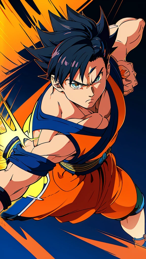 
* Detailed face with serious and determined expression.
* Black spiky hair with light reflections.
* Orange and blue traditional martial arts clothing.
* muscular and defined body.
* Dynamic and powerful fighting pose.
* Combat scene with energy explosions in the background.

styled:

* Mix of realism and anime style/mango.
* Fine, precise lines for contours.
* Realistic shading and lighting to add volume and texture.
* Vibrant, contrasting colors to highlight scene elements.

format:

* high resolution image (1080p or higher).
* Horizontal or vertical orientation (according to your preference).
* No watermark or other distracting elements