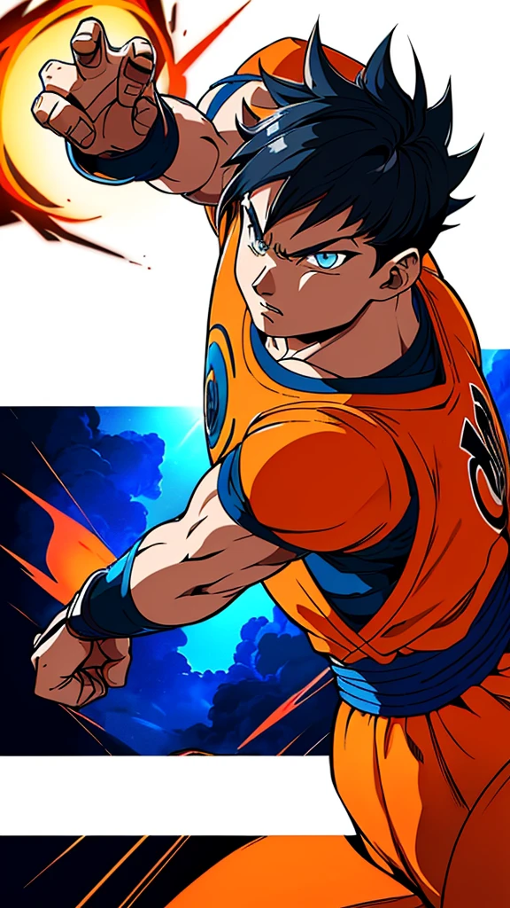 
* Detailed face with serious and determined expression.
* Black spiky hair with light reflections.
* Orange and blue traditional martial arts clothing.
* muscular and defined body.
* Dynamic and powerful fighting pose.
* Combat scene with energy explosions in the background.

styled:

* Mix of realism and anime style/mango.
* Fine, precise lines for contours.
* Realistic shading and lighting to add volume and texture.
* Vibrant, contrasting colors to highlight scene elements.

format:

* high resolution image (1080p or higher).
* Horizontal or vertical orientation (according to your preference).
* No watermark or other distracting elements