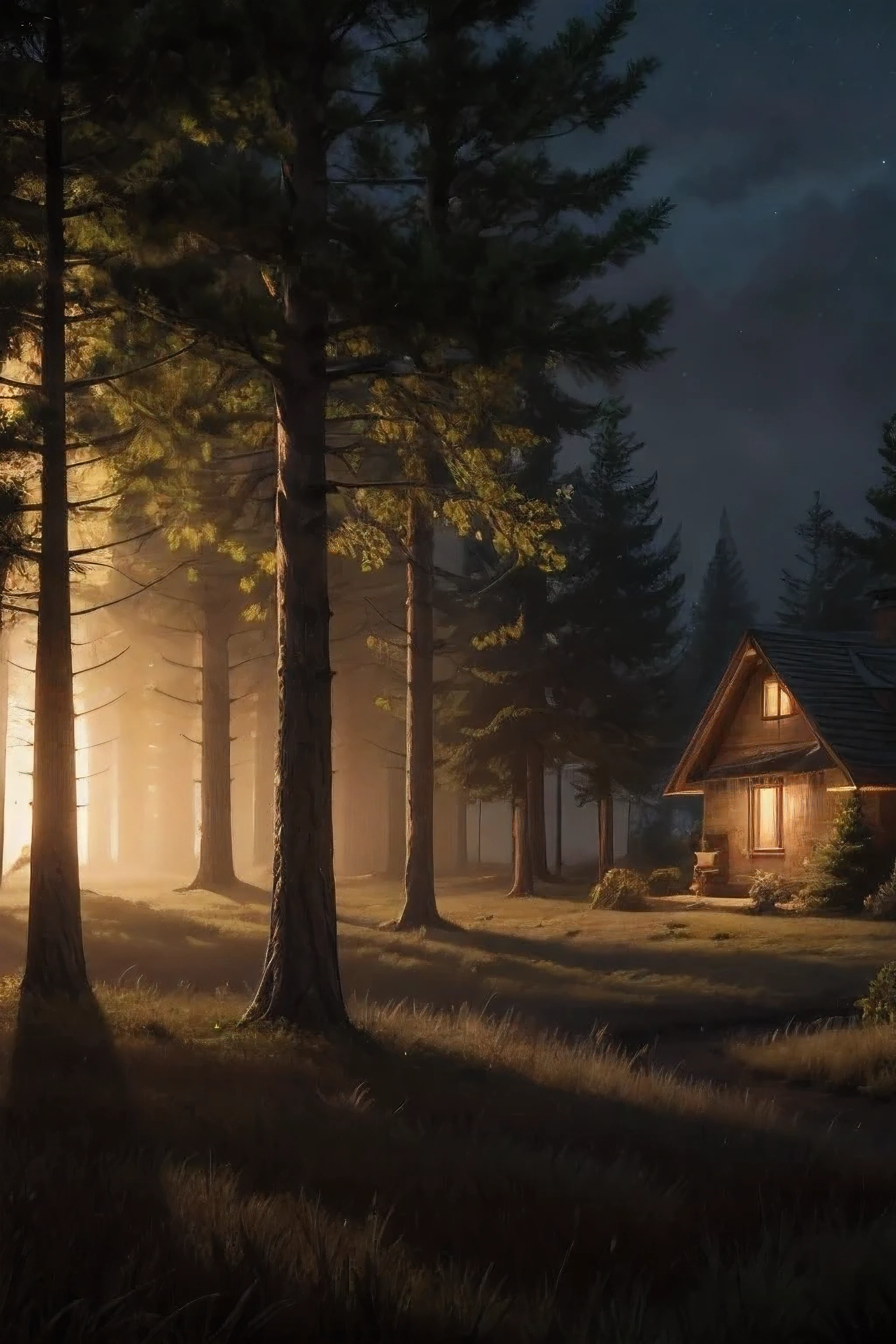 An image of a realistic 8k forest with trees with warm lights and a foggy house in the background with a chimney on