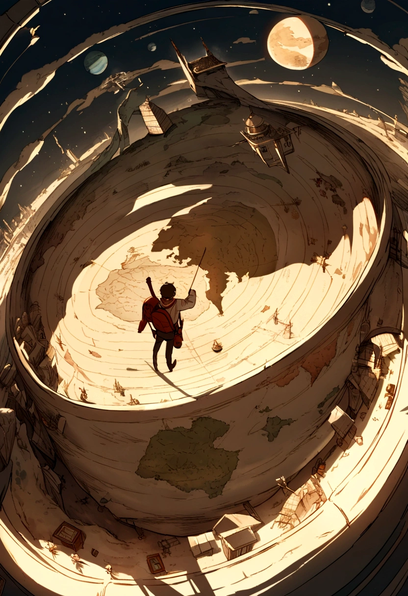 A man flies through the sky，Surrounded by a planet，A variety of goods surround it。The man holds the map，'s illustration。