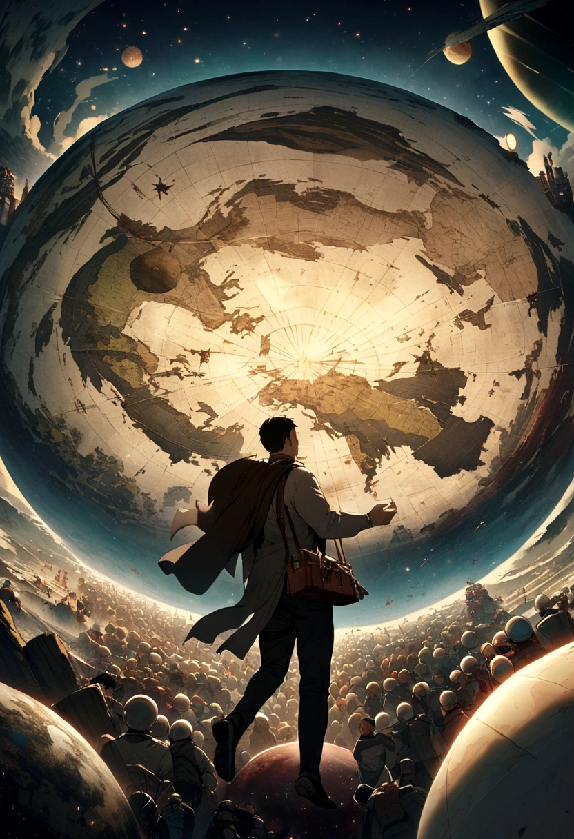 A man flies through the sky,Surrounded by a planet,A variety of goods surround it。The man holds the map,'s illustration。