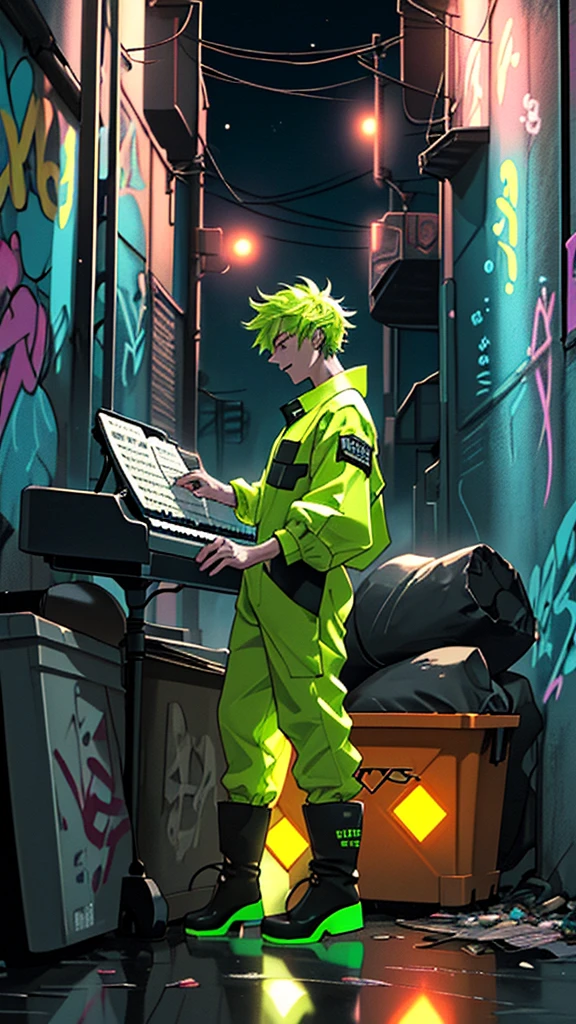 A rock keyboardist, also dressed in a fluorescent jumpsuit and boots as a garbage collector, is playing a keyboard enthusiastically. He is in a nighttime urban alley, with a garbage truck in the background. The truck's lights and streetlights illuminate the environment, highlighting the graffiti-covered walls. The keyboardist's expression is intense and focused as he creates melodies on the keyboard. The atmosphere is gloomy but vibrant, reflecting the energy of rock music.