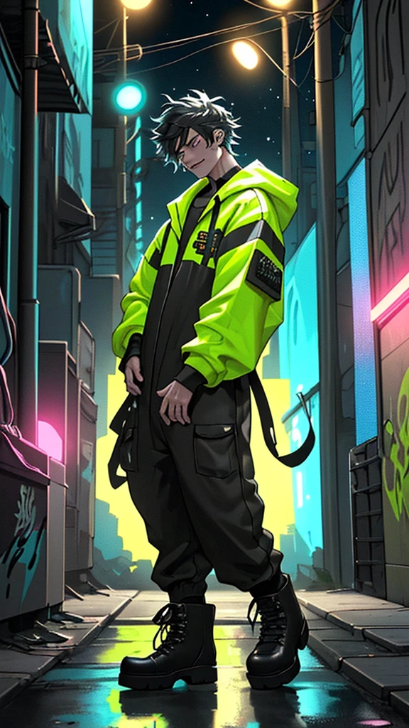 A rock keyboardist, also dressed in a fluorescent jumpsuit and boots as a garbage collector, is playing a keyboard enthusiastically. He is in a nighttime urban alley, with a garbage truck in the background. The truck's lights and streetlights illuminate the environment, highlighting the graffiti-covered walls. The keyboardist's expression is intense and focused as he creates melodies on the keyboard. The atmosphere is gloomy but vibrant, reflecting the energy of rock music.