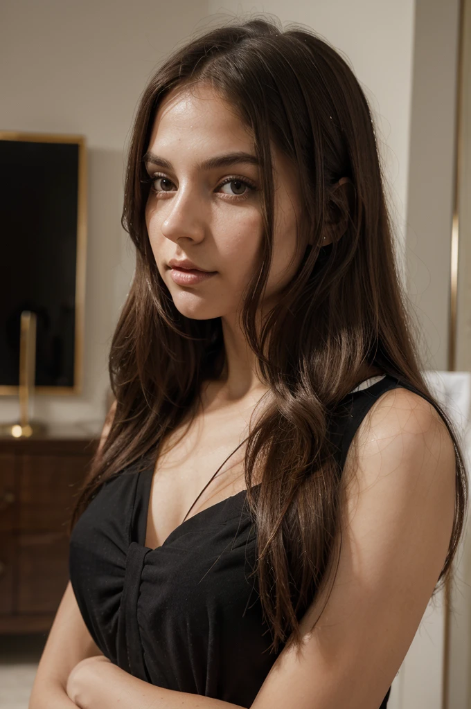 ((best qualityer)), ((work of art)), (detailded), 1 girl, imagem super realistico, a beautiful young woman, white, Brazilian, Maranhão woman, long and straight hair, Dark blonde hair, rosy cheeks, brown dark eyes, black leagwear, elegant pose, top quality picture, super realistico, 8 k quality, ultra realisitic, black blouse