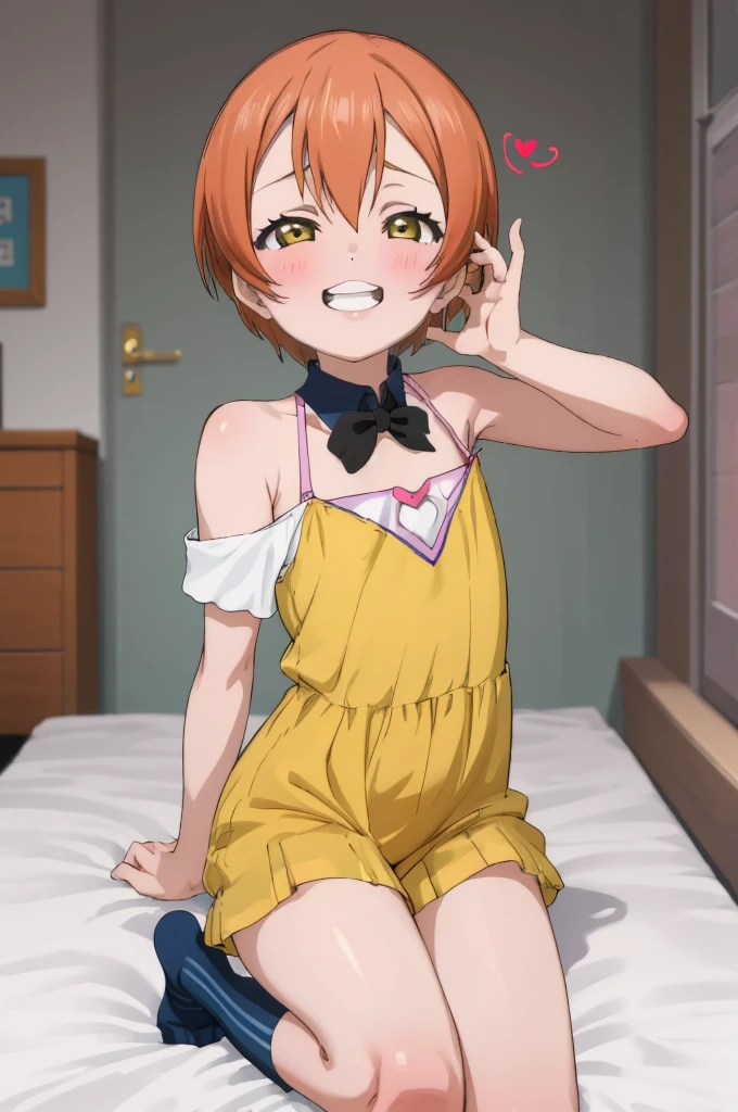 ,girl,happy,smile,,rin hoshizora ,open mouth,,looking viewer,,spoken heart,6yo,(petite),flat chest,grin,my room,socks,,
