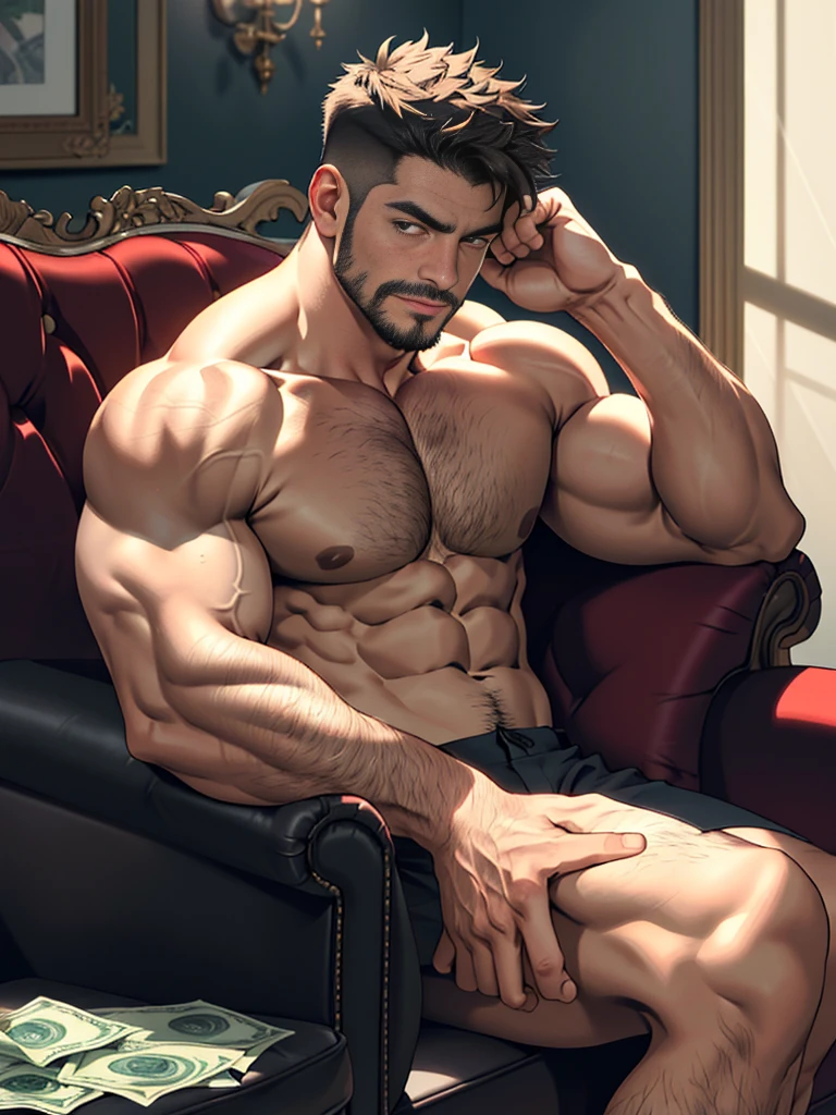 Best quality, masterpiece, inexpressive,Ultra high resolution,detailed background,realistic,1 person,One,male,muscular,mature male,short hair,facial hair,Sitting,money,sofa, real shadow and light,depth of field, breast, biceps, pectoral muscles, press, high