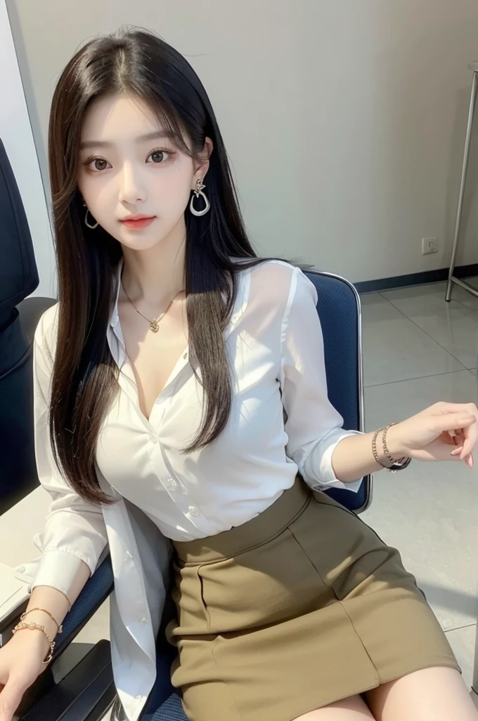 (((actual photography))),, portrait, Korean，(stunning face:1.3),, 1 Girl，beautiful girl, Eyes on the document,Sit in a large class chair , (Necklace，earrings，Bracelet:1.1), Buttoned shirt and hip skirt, , (cleavage:0.3),, In the CEO&#39;s Office, (environmental details:1.3),, (original photo, CG Unity, photography, ultra actual details, sharp focus, Delicate skin,4K, High resolution, masterpiece, best quality, actual, energetic:1.2),, (8K,4K, Ultra high quality, High resolution, professional, Movie般的, Movie, Dramatic),, Detailed office background