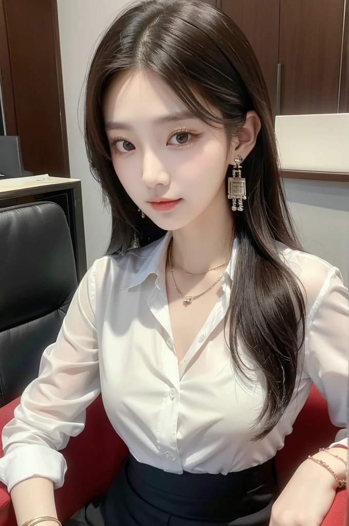 (((actual photography))),, portrait, Korean，(stunning face:1.3),, 1 Girl，beautiful girl, Eyes on the document,Sit in a large class chair , (Necklace，earrings，Bracelet:1.1), Buttoned shirt and hip skirt, , (cleavage:0.3),, In the CEO&#39;s Office, (environmental details:1.3),, (original photo, CG Unity, photography, ultra actual details, sharp focus, Delicate skin,4K, High resolution, masterpiece, best quality, actual, energetic:1.2),, (8K,4K, Ultra high quality, High resolution, professional, Movie般的, Movie, Dramatic),, Detailed office background