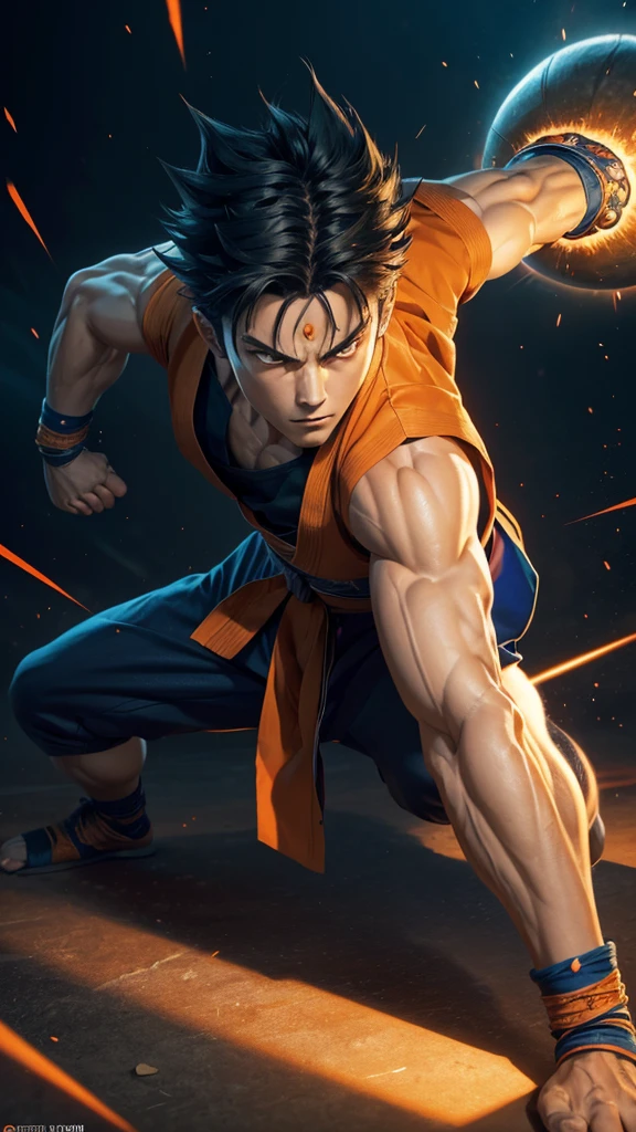 
* Detailed face with serious and determined expression.
* Black spiky hair with light reflections.
* Orange and blue traditional martial arts clothing.
* muscular and defined body.
* Dynamic and powerful fighting pose.
* Combat scene with energy explosions in the background.

styled:

* Mix of realism and anime style/mango.
* Fine, precise lines for contours.
* Realistic shading and lighting to add volume and texture.
* Vibrant, contrasting colors to highlight scene elements.

format:

* high resolution image (1080p or higher).
* Horizontal or vertical orientation (according to your preference).
* No watermark or other distracting elements