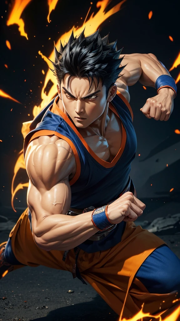 
* Detailed face with serious and determined expression.
* Black spiky hair with light reflections.
* Orange and blue traditional martial arts clothing.
* muscular and defined body.
* Dynamic and powerful fighting pose.
* Combat scene with energy explosions in the background.

styled:

* Mix of realism and anime style/mango.
* Fine, precise lines for contours.
* Realistic shading and lighting to add volume and texture.
* Vibrant, contrasting colors to highlight scene elements.

format:

* high resolution image (1080p or higher).
* Horizontal or vertical orientation (according to your preference).
* No watermark or other distracting elements