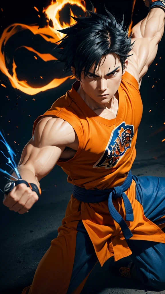 
* Detailed face with serious and determined expression.
* Black spiky hair with light reflections.
* Orange and blue traditional martial arts clothing.
* muscular and defined body.
* Dynamic and powerful fighting pose.
* Combat scene with energy explosions in the background.

styled:

* Mix of realism and anime style/mango.
* Fine, precise lines for contours.
* Realistic shading and lighting to add volume and texture.
* Vibrant, contrasting colors to highlight scene elements.

format:

* high resolution image (1080p or higher).
* Horizontal or vertical orientation (according to your preference).
* No watermark or other distracting elements