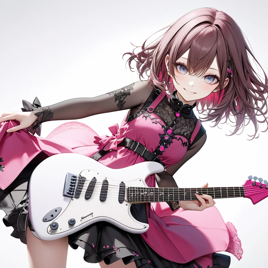 (((White background:1.5)))、(wide shot)、(masterpiece、Ultra HD、Highest quality、Masterpiece、４K:1.2)、slender、Playing a white electric guitar,Scandinavian Metal Girl, Intense gaze into the camera, Intricate details, Highly detailed eyes, Highly detailed fingers、Brown bob hair、Pink Gothic Dress, Intricate details、A kind smile、mini skirt、Dynamic and intense movements、

