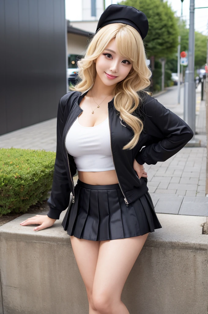 (curvy body),,blonde hair,medium wavy hair,25 years old,make up,japanese gyaru,summer jacket,pleated short cleam skirt,seductive beautiful face,(tareme),eyeliner,cap,laughingblack blouse,