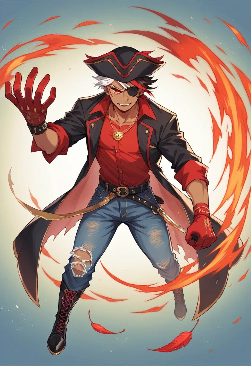 1 mexican pirate captain, tan skin, eye patch on left eye long black wavy hair, red streak on right, black blazer, right-laced wristband, black tricorn hat with gold lining and red feather on the left , gold circular pendant, ripped red shirt with black buttons, ripped black tight trousers like jeans with large black belt and gold buckle, black boots with red laces, ripped black leather glove on left hand exposing fingers, surrounded by whirl of fire, glowing red eyes due to fire manipulation, red handled sword on right