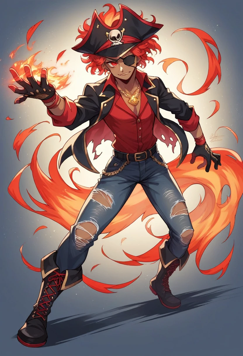 1 mexican pirate captain, tan skin, eye patch on left eye long black wavy hair, red streak on right, black blazer, right-laced wristband, black tricorn hat with gold lining and red feather on the left , gold circular pendant, ripped red shirt with black buttons, ripped black tight trousers like jeans with large black belt and gold buckle, black boots with red laces, ripped black leather glove on left hand exposing fingers, surrounded by whirl of fire, glowing red eyes due to fire manipulation, red handled sword on right