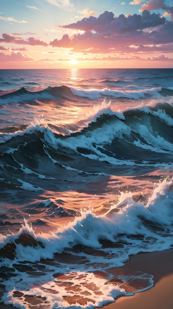 vast ocean. Waves crash against the shore. The sky begins to light up with dawn's first light