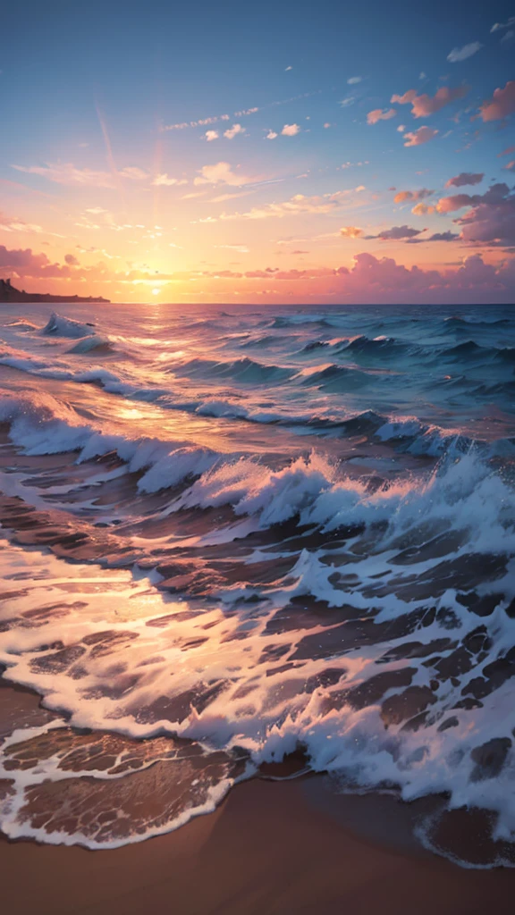 vast ocean. Waves crash against the shore. The sky begins to light up with dawn's first light