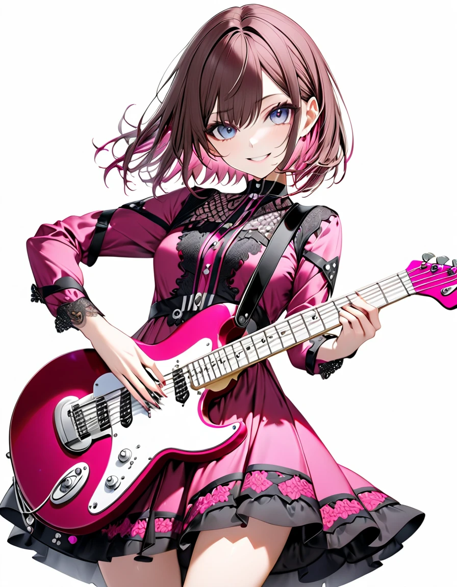 (((White background:1.5)))、(wide shot)、(masterpiece、Ultra HD、Highest quality、Masterpiece、４K:1.2)、slender、Playing a white electric guitar,Scandinavian Metal Girl, Intense gaze into the camera, Intricate details, Highly detailed eyes, Highly detailed fingers、Brown bob hair、Pink Gothic Dress, Intricate details、A kind smile、mini skirt、Dynamic and intense movements、
