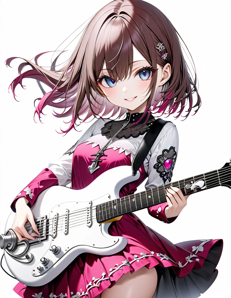 (((White background:1.5)))、(wide shot)、(masterpiece、Ultra HD、Highest quality、Masterpiece、4K:1.2)、slender、Playing a white electric guitar,Scandinavian Metal Girl, Intense gaze into the camera, Intricate details, Highly detailed eyes, Highly detailed fingers、Brown bob hair、Pink Gothic Dress, Intricate details、A kind smile、mini skirt、Dynamic and intense movements、