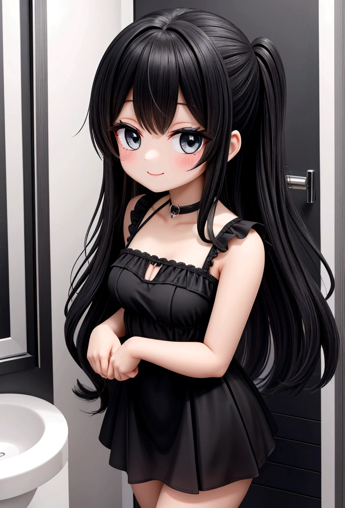 girl, in a black mini dress, smiling, at home, in the bathroom