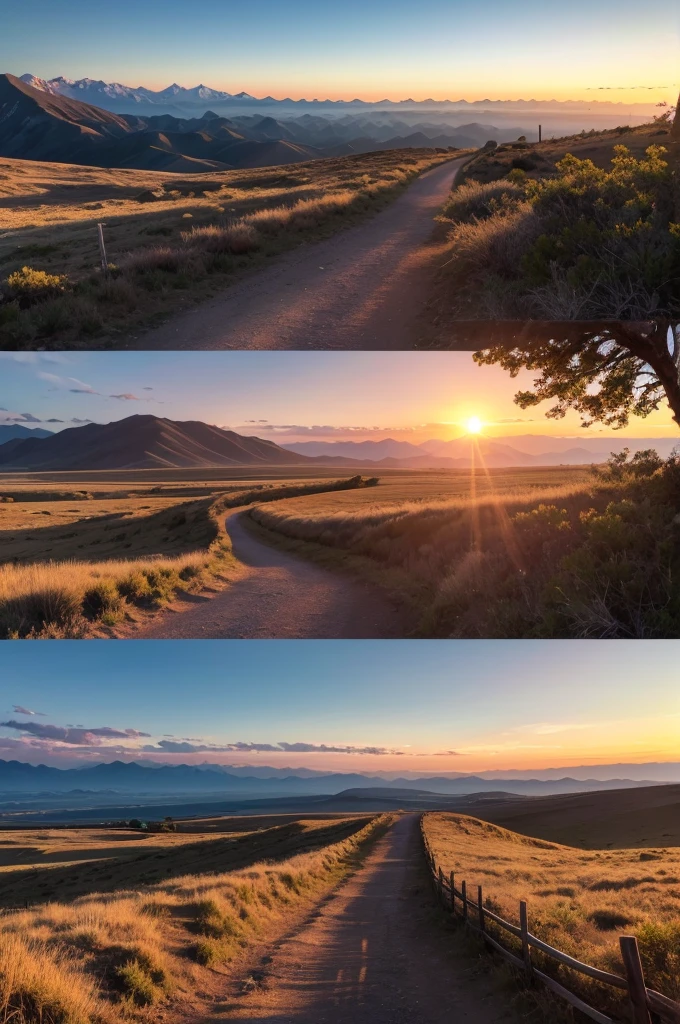 A trail that goes to the horizon along with mountains and a sunset with images of things that happened in history around this trail