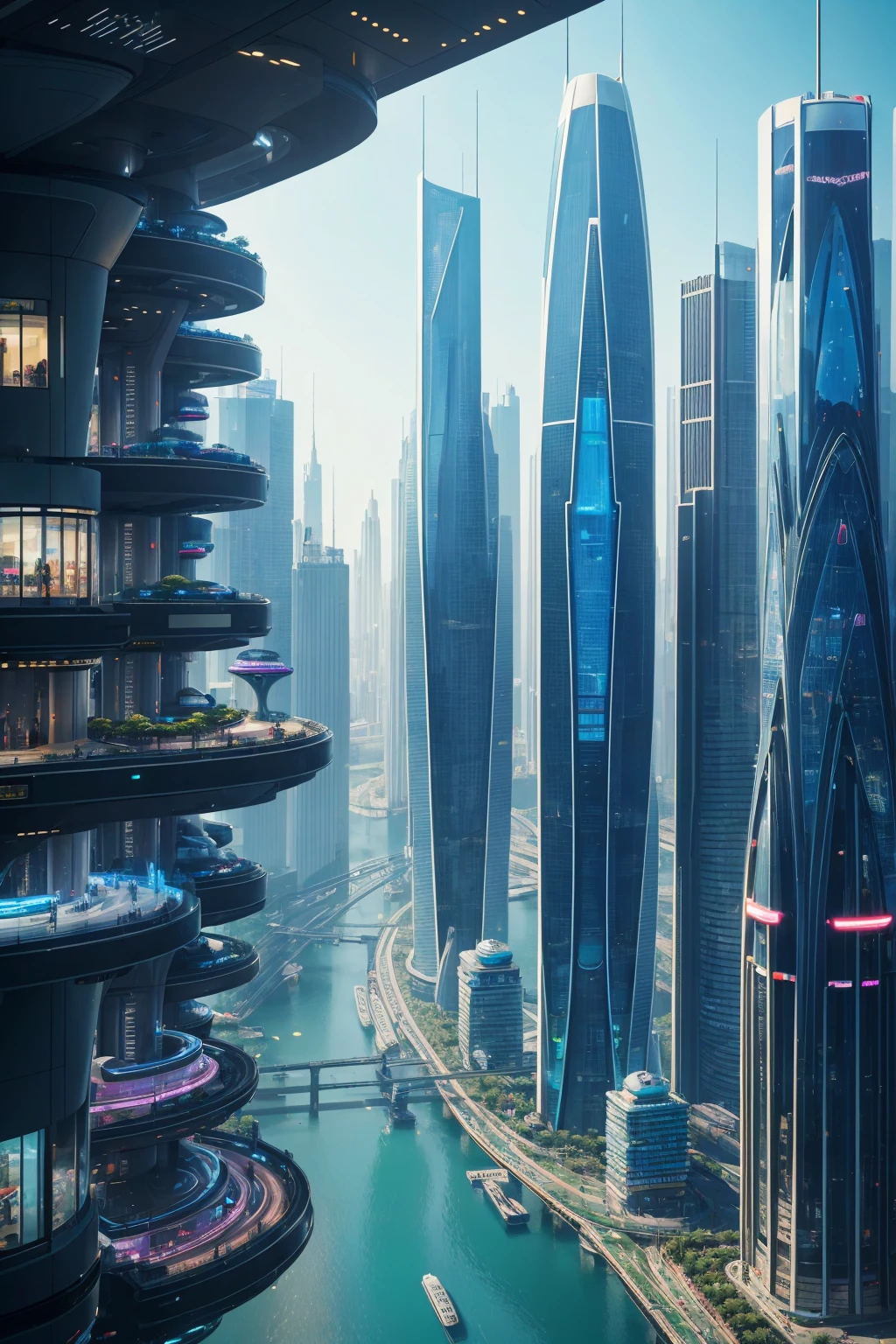 (futuristic city:1.2), (Shambala city), advanced architecture, bustling streets, vertical gardens, high-tech skyscrapers, futuristic transportation system, flying vehicles, floating platforms, technology-driven society, neon lights, holographic displays, energetic atmosphere, vibrant colors, sleek designs, glass facades, bustling marketplaces, advanced AI systems, clean energy sources, sustainable infrastructure, efficient public transportation, elevated walkways, aerial views, expansive skyline, innovative city planning, seamless integration of nature and technology, architectural marvels, smart city technology, automated services, cutting-edge advancements, harmonious coexistence of humans and machines, utopian vision.