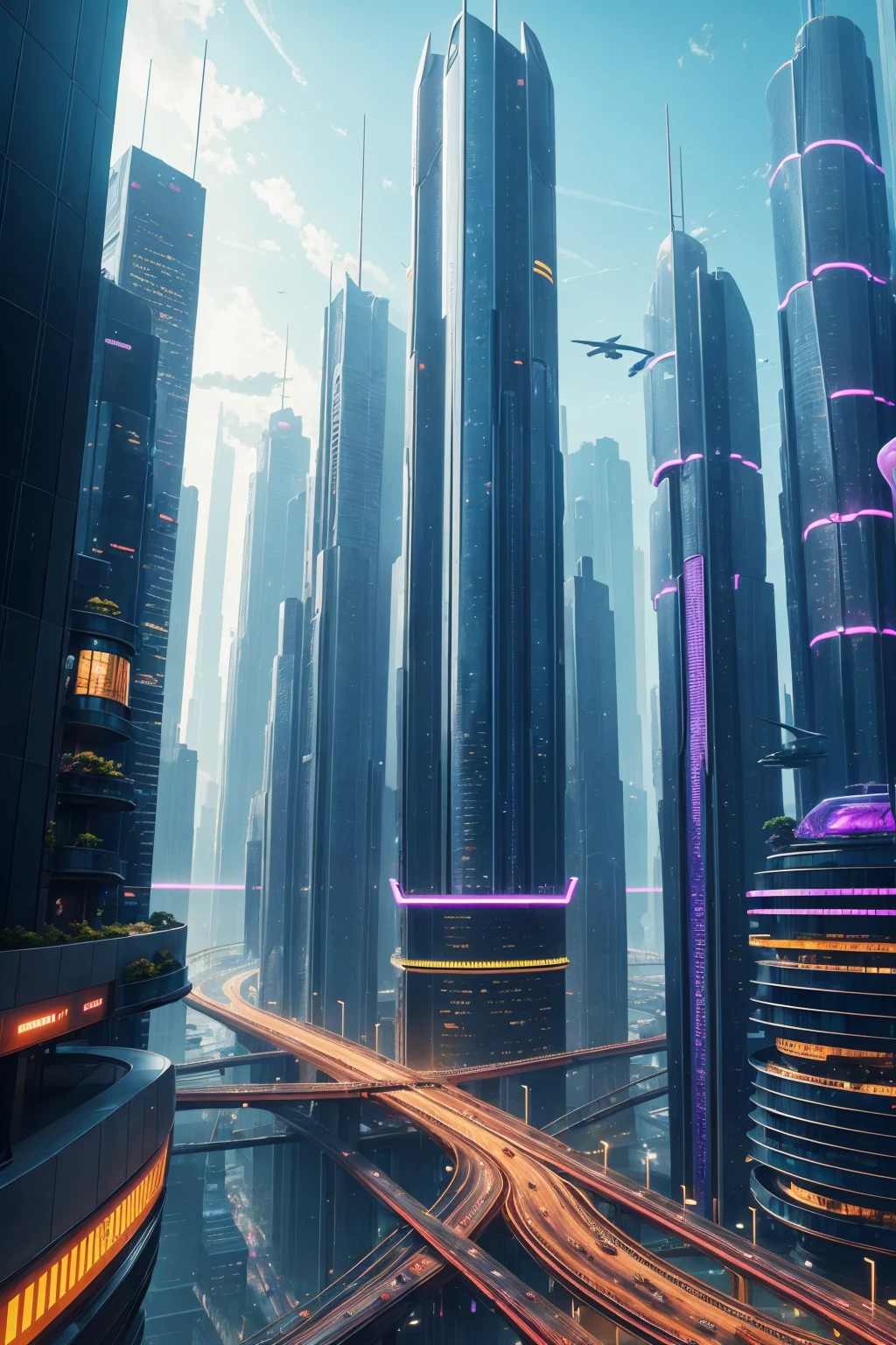 (futuristic city:1.2), (Shambala city), advanced architecture, bustling streets, vertical gardens, high-tech skyscrapers, futuristic transportation system, flying vehicles, floating platforms, technology-driven society, neon lights, holographic displays, energetic atmosphere, vibrant colors, sleek designs, glass facades, bustling marketplaces, advanced AI systems, clean energy sources, sustainable infrastructure, efficient public transportation, elevated walkways, aerial views, expansive skyline, innovative city planning, seamless integration of nature and technology, architectural marvels, smart city technology, automated services, cutting-edge advancements, harmonious coexistence of humans and machines, utopian vision.