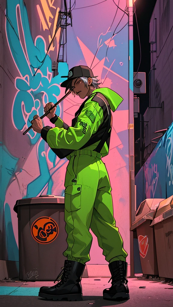 a rock drummer wearing a garbage collector uniform, including a neon jumpsuit and boots, playing the drums with vigor, positioned in a night urban alley with a garbage truck in the background, the truck and streetlights illuminating the graffiti-covered walls, the drummer has an expression of concentration and energy while forcefully hitting the drumsticks, the scene conveys a sense of rebellion and passion for music
