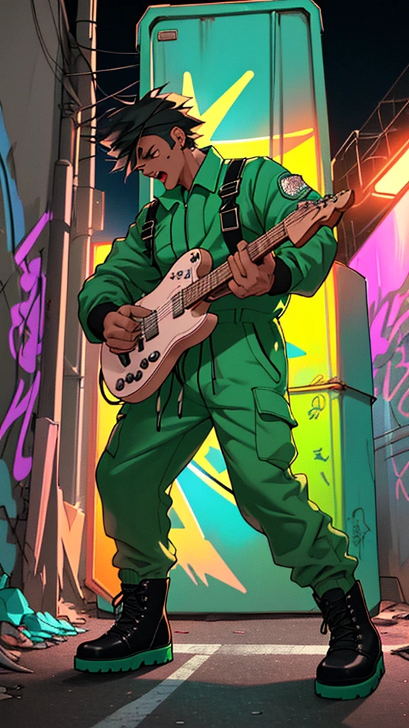 a rock drummer wearing a garbage collector uniform, including a neon jumpsuit and boots, playing the drums with vigor, positioned in a night urban alley with a garbage truck in the background, the truck and streetlights illuminating the graffiti-covered walls, the drummer has an expression of concentration and energy while forcefully hitting the drumsticks, the scene conveys a sense of rebellion and passion for music
