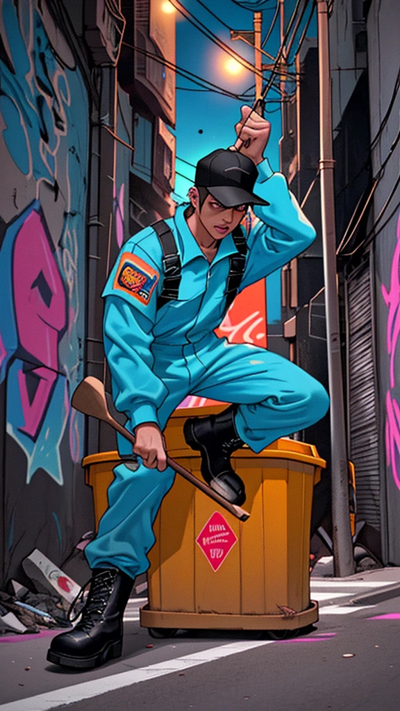 a rock drummer wearing a garbage collector uniform, including a neon jumpsuit and boots, playing the drums with vigor, positioned in a night urban alley with a garbage truck in the background, the truck and streetlights illuminating the graffiti-covered walls, the drummer has an expression of concentration and energy while forcefully hitting the drumsticks, the scene conveys a sense of rebellion and passion for music