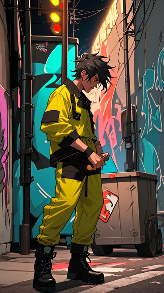 a rock drummer wearing a garbage collector uniform, including a neon jumpsuit and boots, playing the drums with vigor, positioned in a night urban alley with a garbage truck in the background, the truck and streetlights illuminating the graffiti-covered walls, the drummer has an expression of concentration and energy while forcefully hitting the drumsticks, the scene conveys a sense of rebellion and passion for music