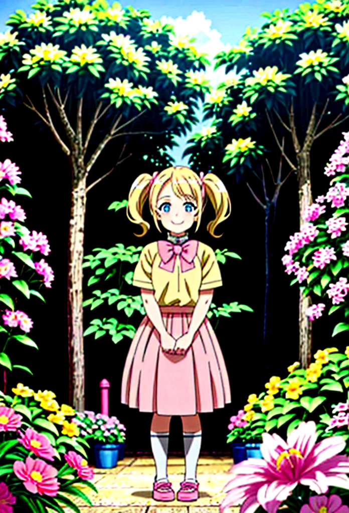 1girl, blonde hair, twin pigtails, yellow shirt, pink skirt, pink shoes, ,age12, Blue eyes, day time, masterpiece, full quality, smiling, 2 pink ribbons, (girl, old girl), Standing, Garden, outdoors, smiling, looking at the viewers, Flowers, masterpeice, high quality,