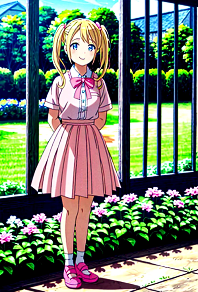 1girl, blonde hair, twin pigtails, yellow shirt, pink skirt, pink shoes, ,age12, Blue eyes, day time, masterpiece, full quality, smiling, 2 pink ribbons, (girl, 12 year old girl), Standing, Garden, outdoors, smiling, looking at the viewers, Flowers, masterpeice, high quality,