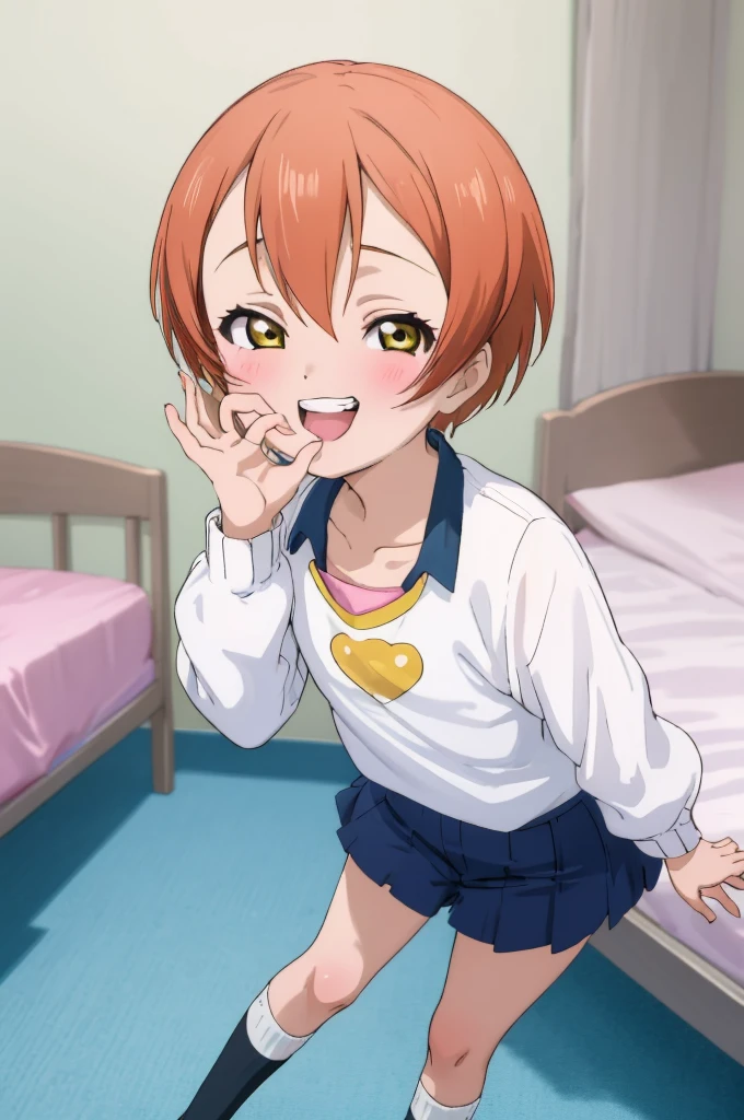 ,girl,happy,smile,,rin hoshizora ,open mouth,,looking viewer,,spoken heart,6yo,(petite),flat chest,grin,my room,socks,,