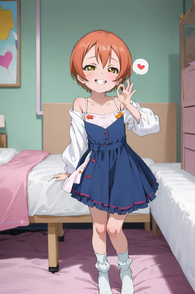 ,girl,happy,smile,,rin hoshizora ,open mouth,,looking viewer,,spoken heart,6yo,(petite),flat chest,grin,my room,socks,,