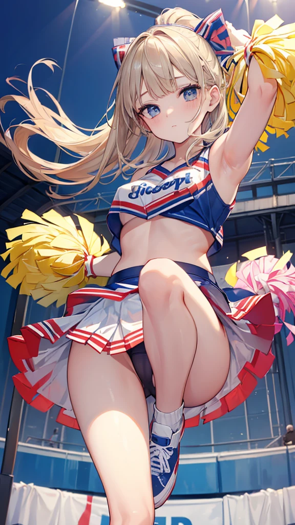 (((masterpiece))),(((High resolution))), (((perfect face))), (((Beautiful Cheerleader))), big , skirt, panty shoot, ((top quality eyes)), ((detailed texture)), look at the camera
