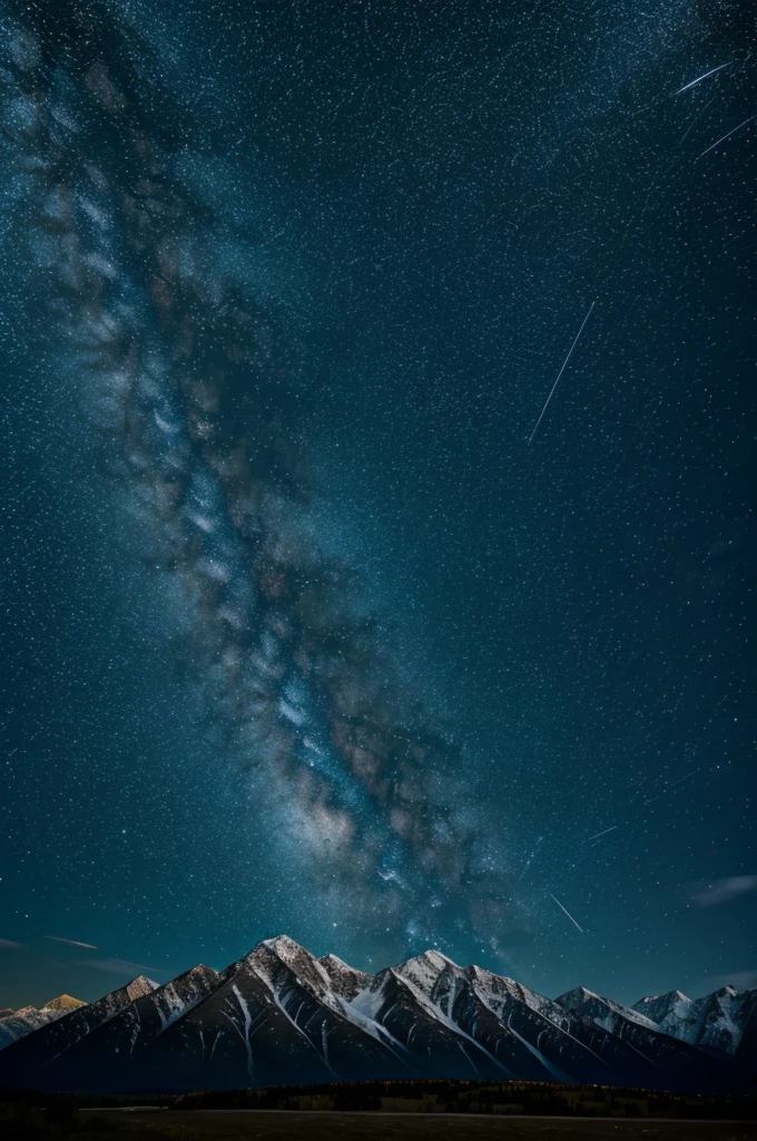 Night shot of a starry sky over a mountain range with long exposure and light trails).