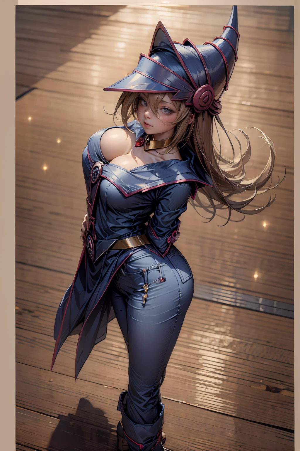 (Masterpiece:1.2), (The best quality:1.2), perfect lighting, Dark Magician Girl casting a spell, in battle. floating in the air, big and visible tits, wear jeans and heels. transparent neckline, blue robe, big hat, From above, sparkles, Yugioh game, The magic of the heart, romantic heart.