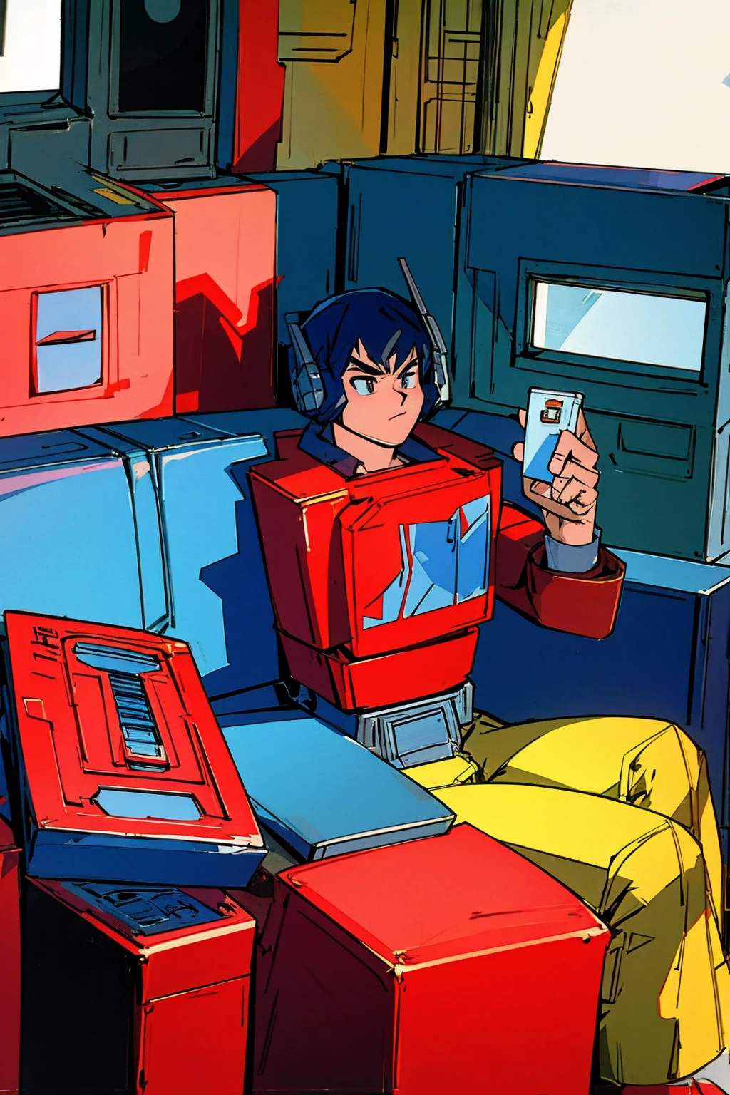 Optimus prime sitting on the couch playing Nintendo on a Saturday morning in the 80s