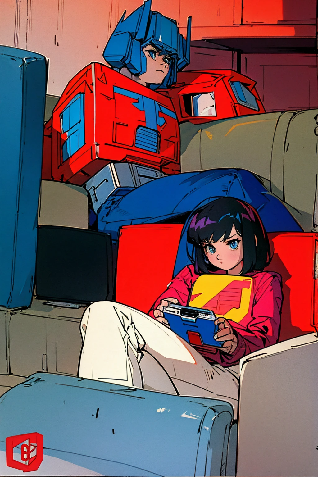 Optimus prime sitting on the couch playing Nintendo on a Saturday morning in the 80s