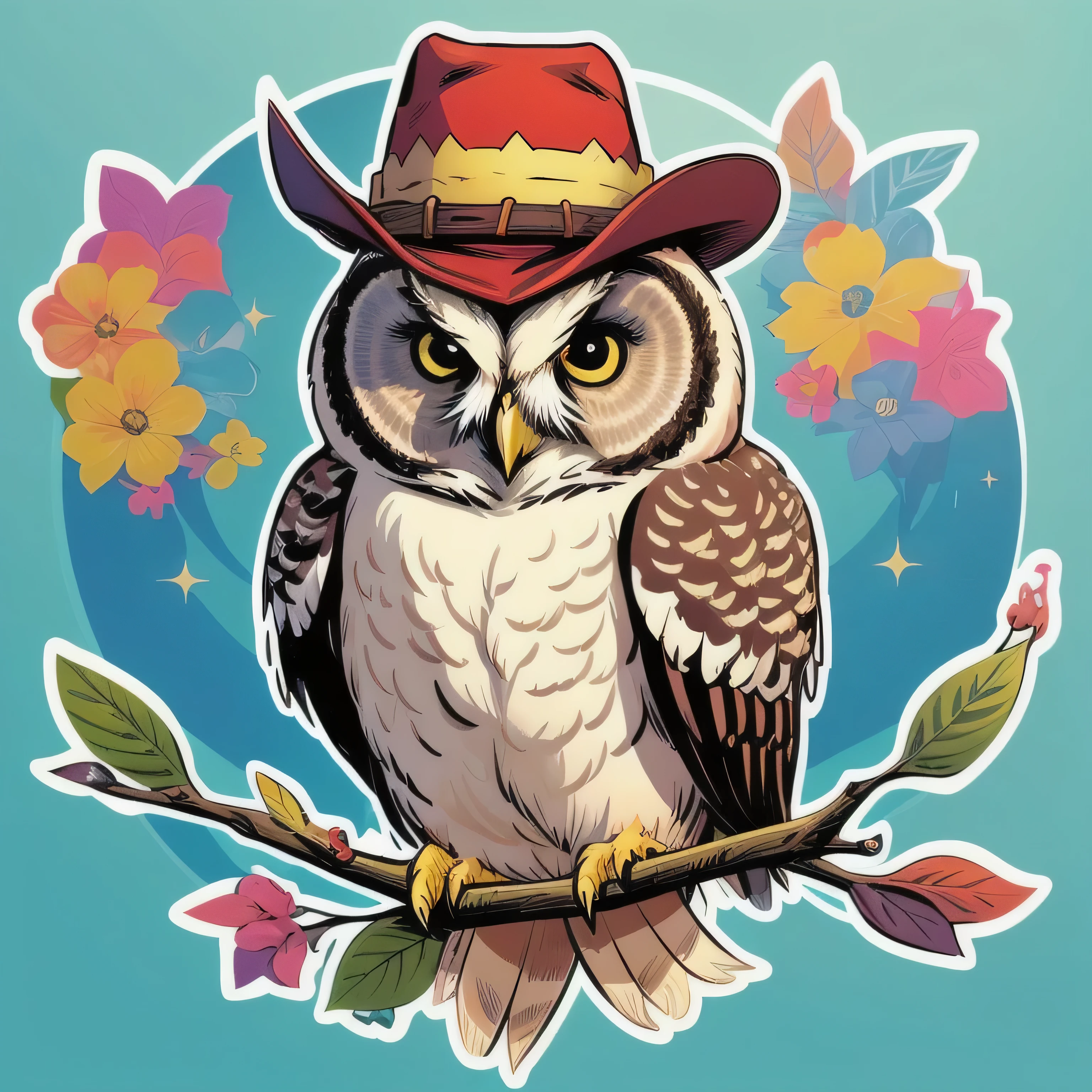 flat shaded western comic book style,(masterpiece, top quality, best quality, official art, (masterpiece), Cute owl with a colorful hat, ,sticker,,stickers ,  