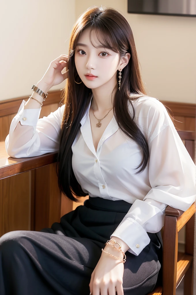 (((actual photography))),, portrait, Korean，(stunning face:1.3),, 1 Girl，beautiful girl, arrogant,Sit in a large class chair , (Necklace，earrings，Bracelet:1.1), Buttoned shirt and hip skirt, , (cleavage:0.3),, In the CEO&#39;s Office, (environmental details:1.3),, (original photo, CG Unity, photography, ultra actual details, sharp focus, Delicate skin,4K, High resolution, masterpiece, best quality, actual, energetic:1.2),, (8K,4K, Ultra high quality, High resolution, professional, Movie般的, Movie, Dramatic),Reasonable posture, Detailed office background