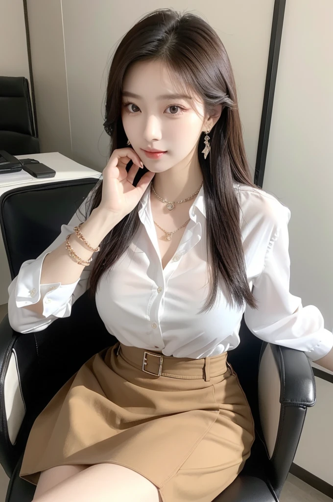 (((actual photography))),, portrait, Korean，(stunning face:1.3),, 1 Girl，beautiful girl, arrogant,Sit in a large class chair , (Necklace，earrings，Bracelet:1.1), Buttoned shirt and hip skirt, , (cleavage:0.3),, In the CEO&#39;s Office, (environmental details:1.3),, (original photo, CG Unity, photography, ultra actual details, sharp focus, Delicate skin,4K, High resolution, masterpiece, best quality, actual, energetic:1.2),, (8K,4K, Ultra high quality, High resolution, professional, Movie般的, Movie, Dramatic),Reasonable posture, Detailed office background