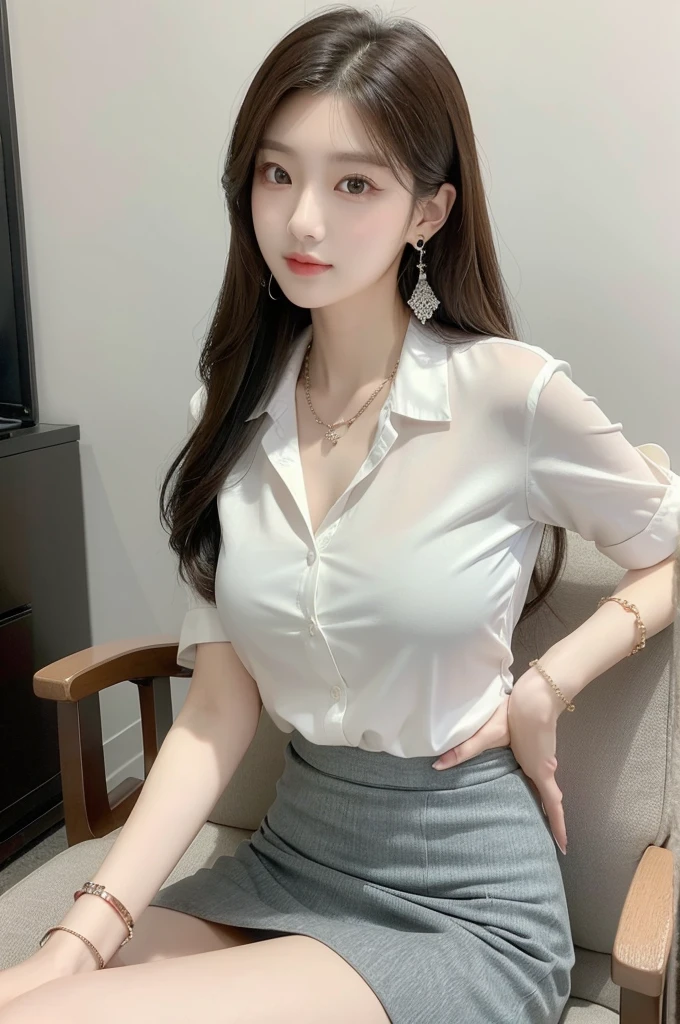 (((actual photography))),, portrait, Korean，(stunning face:1.3),, 1 Girl，beautiful girl, arrogant,Sit in a large class chair , (Necklace，earrings，Bracelet:1.1), Buttoned shirt and hip skirt, , (cleavage:0.3),, In the CEO&#39;s Office, (environmental details:1.3),, (original photo, CG Unity, photography, ultra actual details, sharp focus, Delicate skin,4K, High resolution, masterpiece, best quality, actual, energetic:1.2),, (8K,4K, Ultra high quality, High resolution, professional, Movie般的, Movie, Dramatic),Reasonable posture, Detailed office background