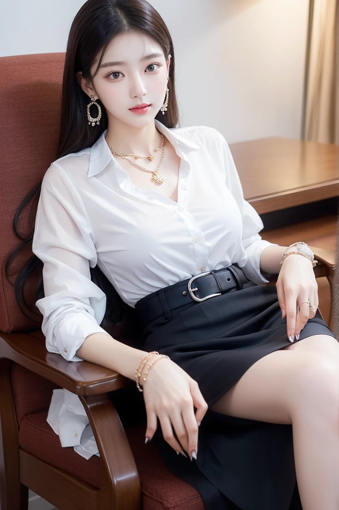 (((actual photography))),, portrait, Korean，(stunning face:1.3),, 1 Girl，beautiful girl, arrogant,Sit in a large class chair , (Necklace，earrings，Bracelet:1.1), Buttoned shirt and hip skirt, , (cleavage:0.3),, In the CEO&#39;s Office, (environmental details:1.3),, (original photo, CG Unity, photography, ultra actual details, sharp focus, Delicate skin,4K, High resolution, masterpiece, best quality, actual, energetic:1.2),, (8K,4K, Ultra high quality, High resolution, professional, Movie般的, Movie, Dramatic),Reasonable posture, Detailed office background