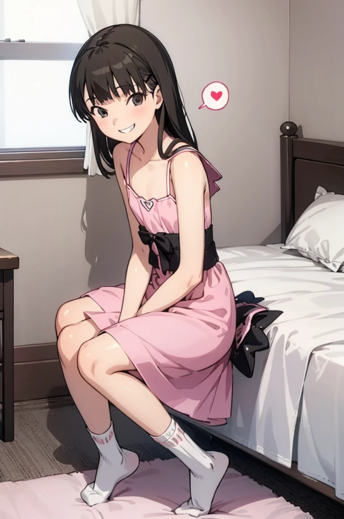 solo, 1girl, looking at viewer, tsukasa ayatsuji,  , black bow,  looking at viewer, smile,,,spoken heart,6yo,(petite),flat chest,grin,my room,socks,,summer dress