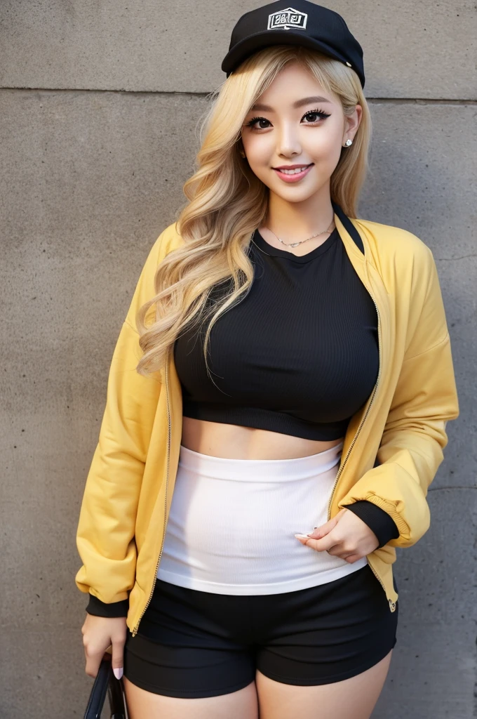 (curvy body),,blonde hair,medium wavy hair,25 years old,make up,japanese gyaru,jersey jacket,short pants,seductive beautiful face,(tareme),eyeliner,cap,laughingblack blouse,
