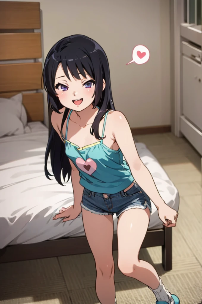 solo, 1girl, looking at viewer, , miyuki shiba, , , looking at viewer, smile,,,spoken heart,,(petite),flat chest,grin,my room,socks,,open mouth,tongue,camisole,denim shorts