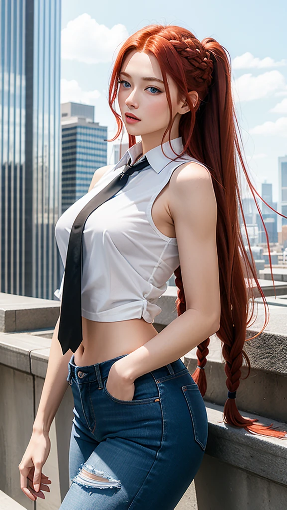 Masterpiece, whole body, long braided hair, Red hair, blue eyes, white sleeveless shirt with black tie, blue short jeans, big chest, modern city background, sexy chica, Women,