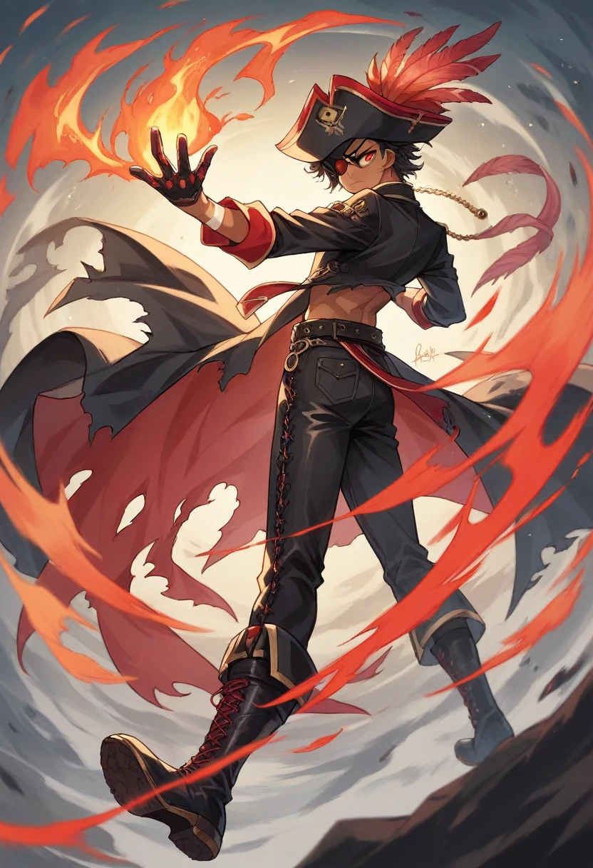 1 mexican pirate captain, tan skin, eye patch on left eye, back length black wavy haireut one  red streak on right, black blazer, right-laced wristband, black tricorn hat with gold lining and red feather on the left , gold circular pendant, ripped red shirt with black buttons, ripped black tight trousers  with large black belt and gold buckle, black boots with red laces, ripped black leather glove on left hand exposing fingers, surrounded by whirl of fire, glowing red eyes due to fire manipulation, red handled sword on right
